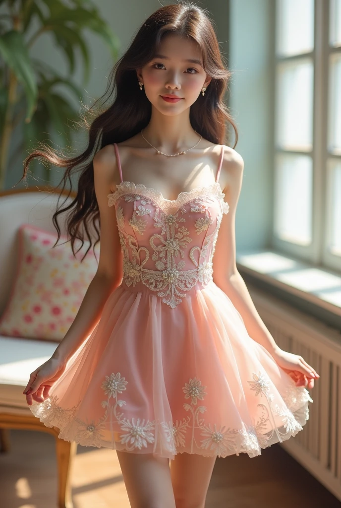 Lace，Pink floral dress，Short skirt，whole body，High heel，Smile，Looking at the camera lovingly，student
