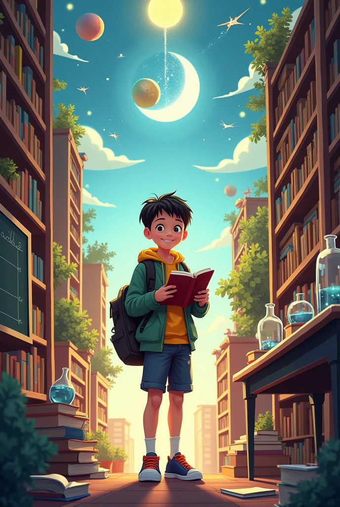 Student at the center surrounded by learning elements