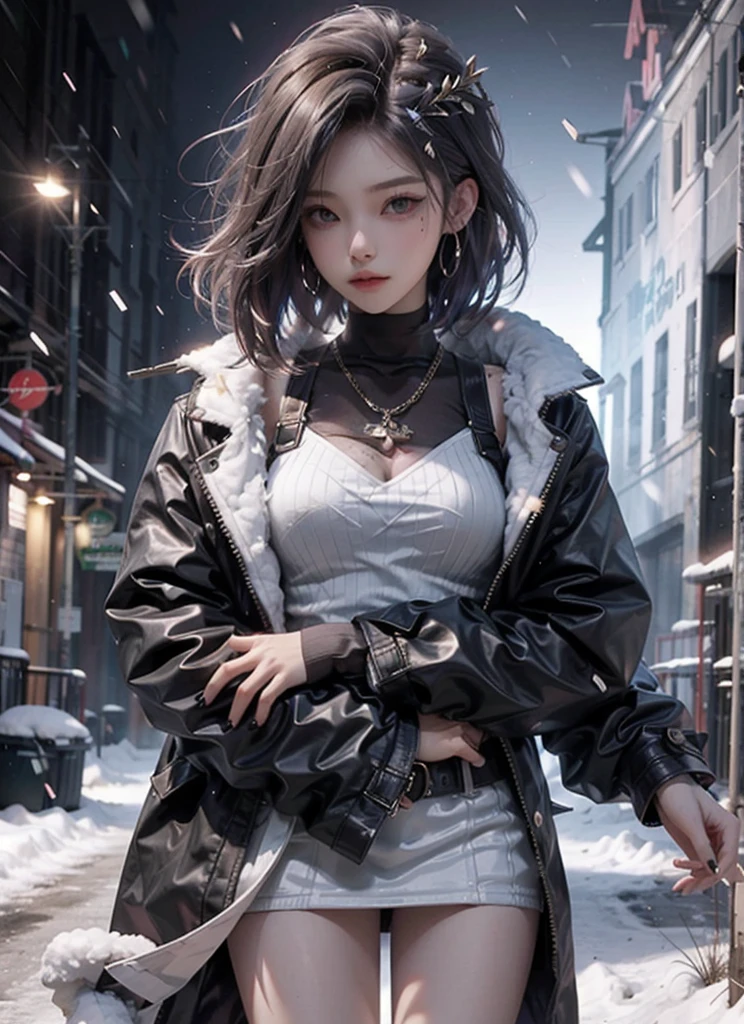 FUBUKI, (BLACK HAIR), Straight hair, TAUT CLOTHES, FUR COAT, JEWELRY, NECKLACE, long face, short hair, straight hair, (photorealistic:1.2), (masterpiece), best quality, (detailed face:1.4), raw photo, ultra realistic 8k, perfect artwork, (background violent tornado and storm :1.2),BREAK, photography,masterpiece,best quality,HDR,highres,realistic details,8K,HDR,highres,absurdres,1girl fly in the air, fubuki,expressionless, tiny breasts,masterpiece,ultra realistic,32k,extremely detailed CG unity 8k wallpaper, best quality, head to waist section composition.