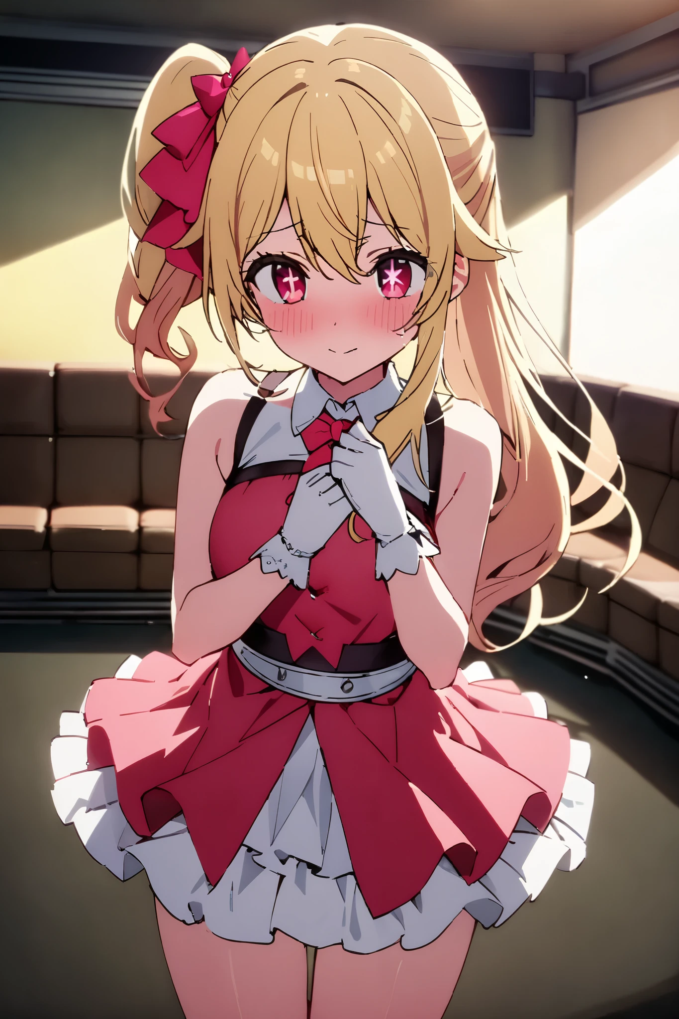 NSFW,masterpiece, top quality , high res, very detailed,Hoshino Ruby\(My Favorite \),Star-shaped pupils, long hair, side ponytail,Blonde,Idol,waiting room
