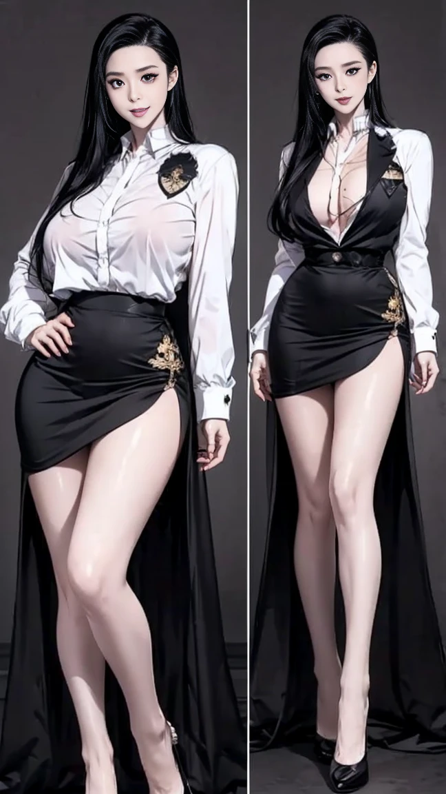 (Magazine cover: 1.3), (Reality: 1.2), (Original: 1.2), Masterpiece, Best Quality, 8K RAW, 16K, Beautiful Clean Face, Full Body, 1 Woman, Perfect Proportions, Big Breasts, Urban White Collar, (Suit Suit, Professional Wear), Hip Wrap Skirt, Black Pantyhose, Multiple Poses, (Crystal Necklace), Long Black Hair, Large Rimmed Glasses,