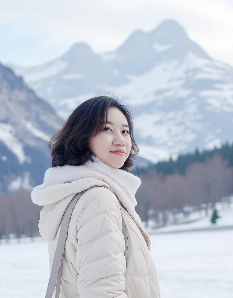 A photography of a happy Korea women joyfully, A woman white dressed in a cozy winter coat stands amidst the breathtaking Dagu Glacier National Park backdrop 
It's snowing, where snow-capped peaks tower under a crisp, icy sky. The air is frigid, her breath visible as she gazes at the serene, frosty landscape. The scene exudes tranquility and nature's raw beauty. highly detailed, detail libs, detail eyes, detail nose, perfect shape, detail face, short hair,