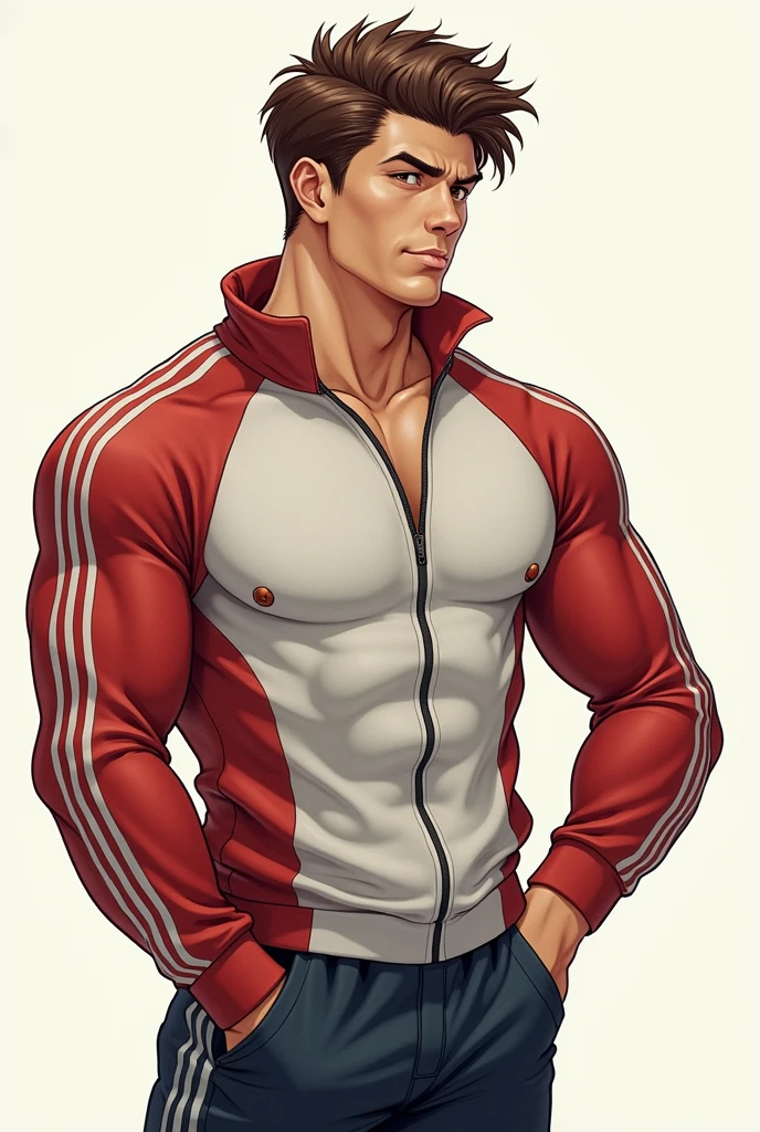young man, defined body, white nike track suit, short red singlet, large bulge in trousers, short dark hair, square jaw, stubble