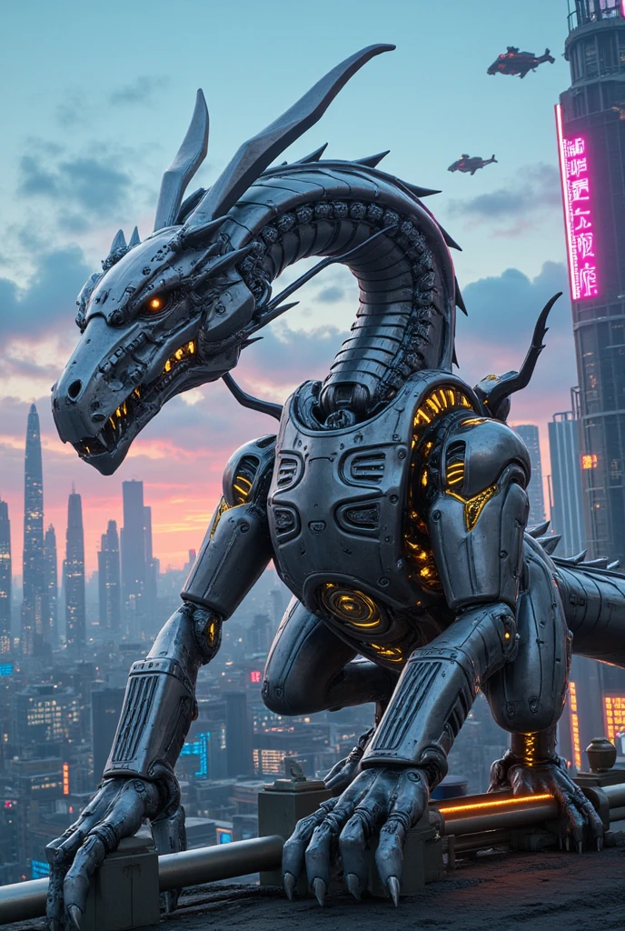 (A cool mechanically designed dragon),( futuristic background),