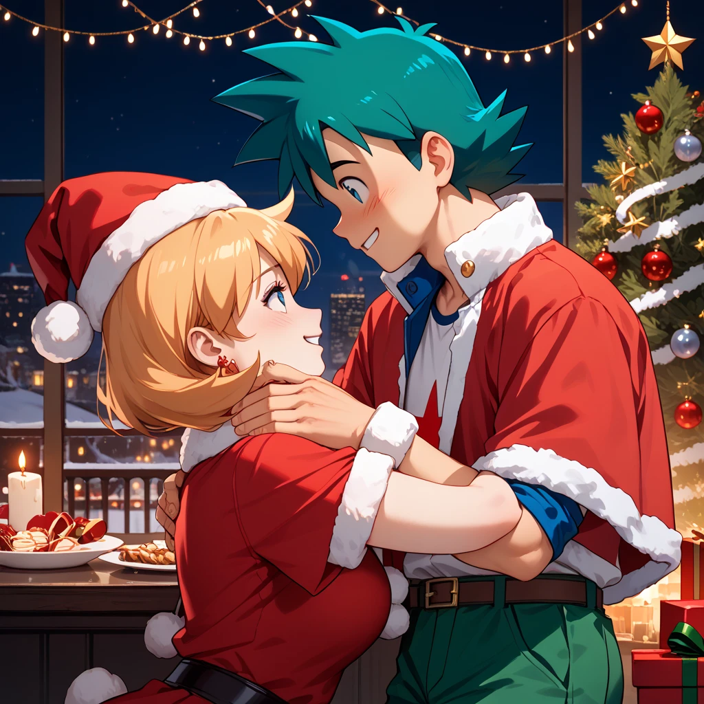 highly detailed, (couple), hetero, (duo focus), highres, 1man, 1woman, BREAK, 1man, ash ketchum, aged up, handsome boy, good looking boy, wearing red Christmas outfit, BREAK, 1woman, misty_g2, wearing green Christmas outfit,