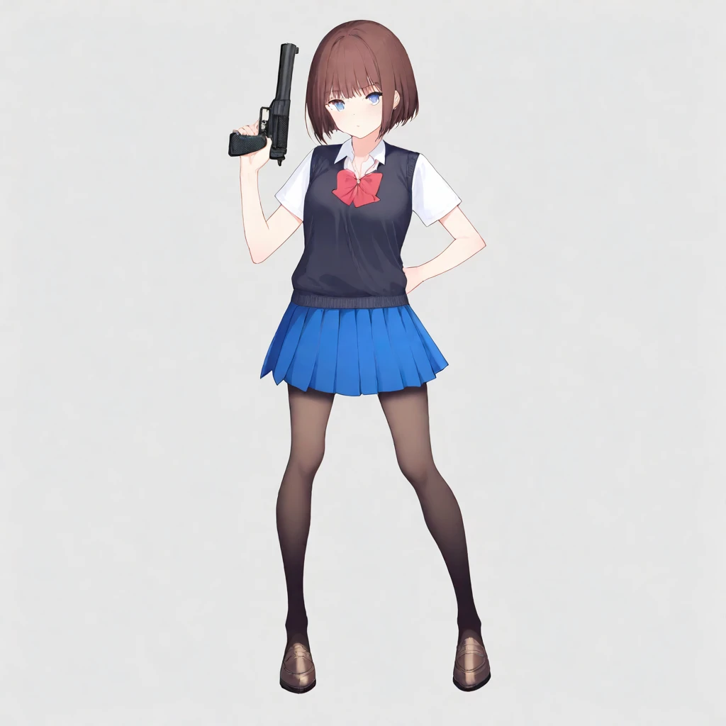 An evil beautiful brown bob short haired school girl with bangs wearing blue skirt, standing and posing with a gun.