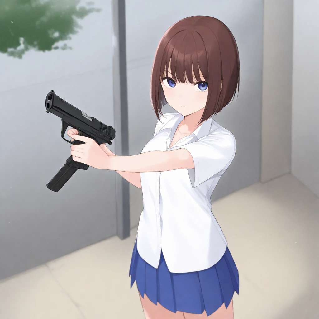 An evil beautiful brown bob short haired school girl with bangs wearing blue skirt, standing and posing with a gun.