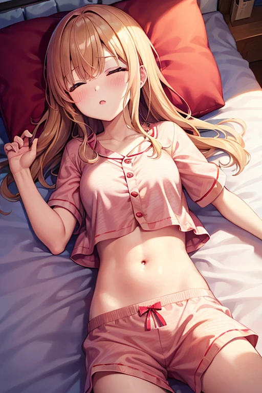 masterpiece, highest quality, High resolution, kitagawa marin sb, 1 girl, blonde hair, long hair, colorful hair, red eyes, jewelry, earrings, earrings, long t-shirt, (full body), Lace black panties,(lying on the bed:1.5), (show panties:1.3), spread legs, sweat, blush, narrow eyes, open mouth, her room