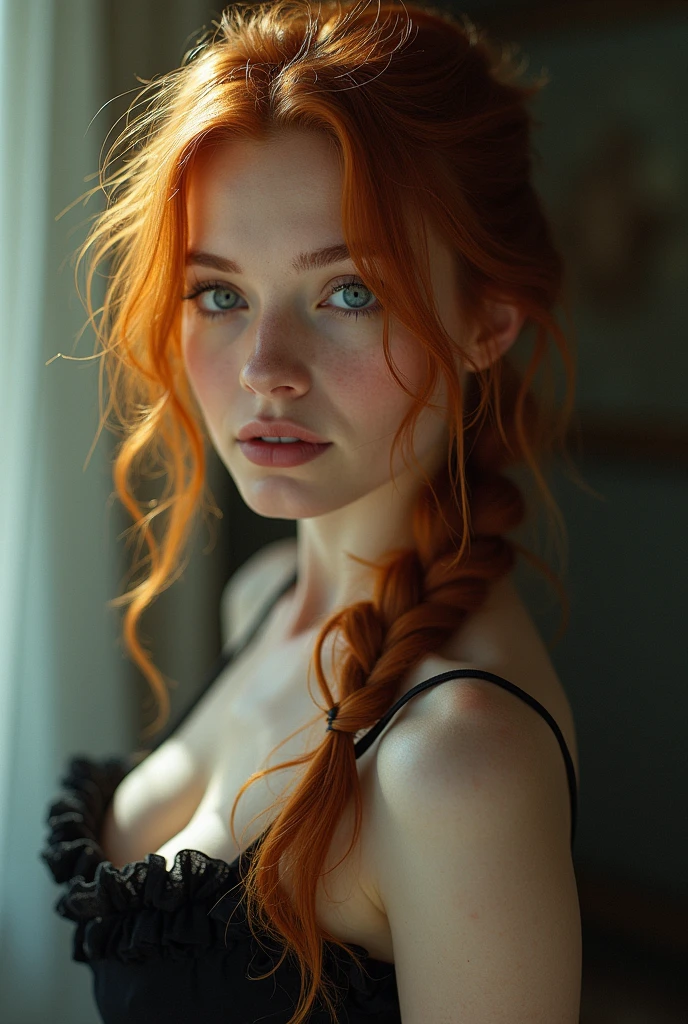 Raw foto,Best quality,Girl 18 years old, long redhead, braided into very thin braids, engaged in nude ballet,very large breasts.,white lace bra without clothes,flat torso,,Makeup smeared,makeup running,perfect lips,red lipstick,smile, black lipstick, Braces, freckles,big eyes,Blue eyes,Sweating, sweats a lot,wet,very detailed, Best quality, very detailed face, Perfect lightning, History of the ballet studio, sexually, Erotic, unique, 4K, masterpiece 