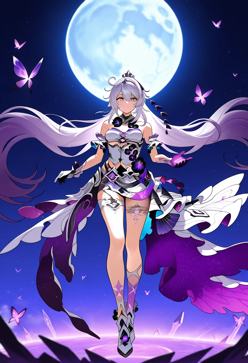 Kiana kaslana herrscher of finality, battle mode, moon background, purple butterfly, Full Body 