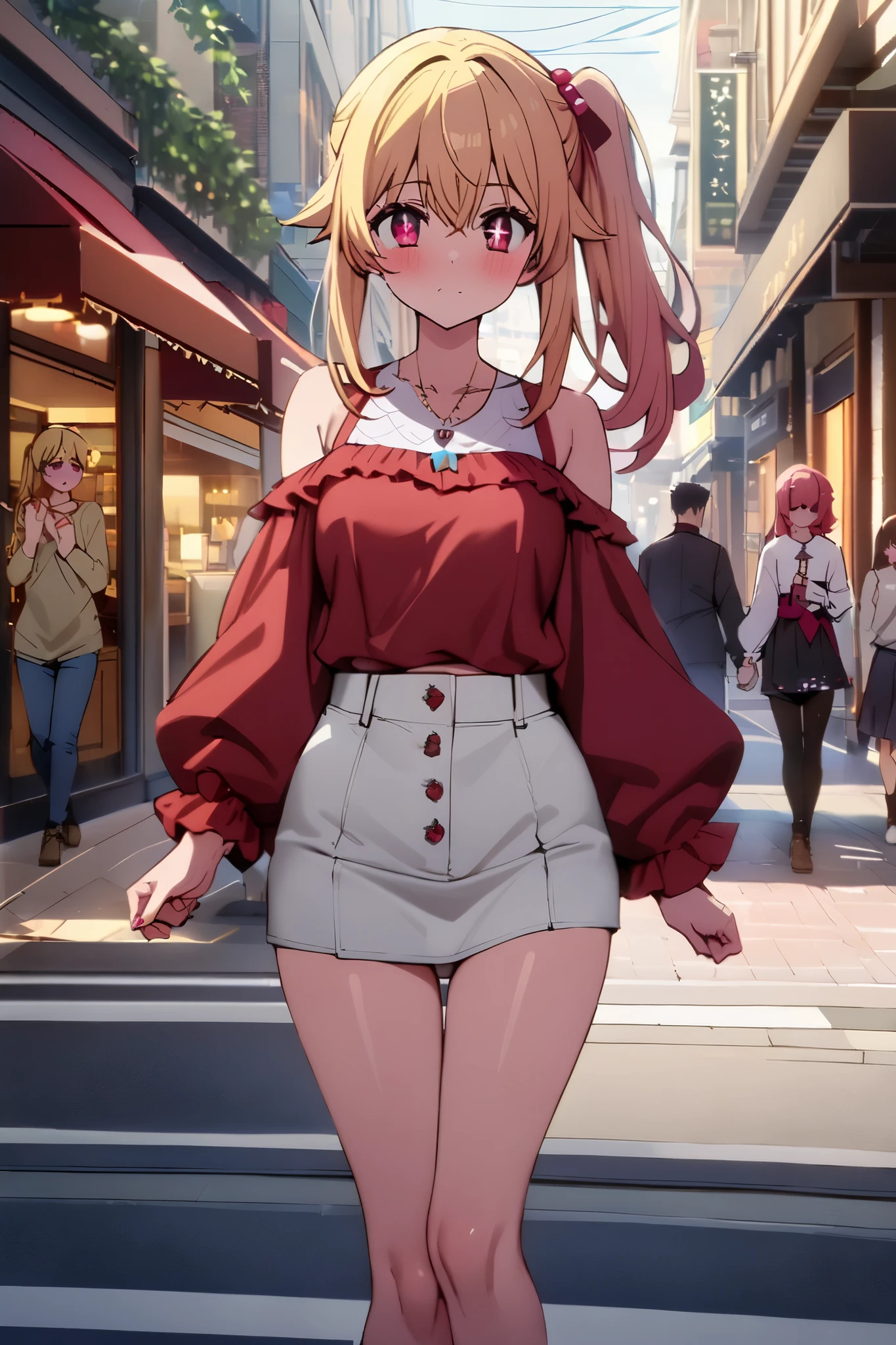 NSFW,masterpiece, top quality , high res, very detailed,Hoshino Ruby\(My Favorite \),Star-shaped pupils, long hair, side ponytail,Blonde, casual clothes,Date,bustling street