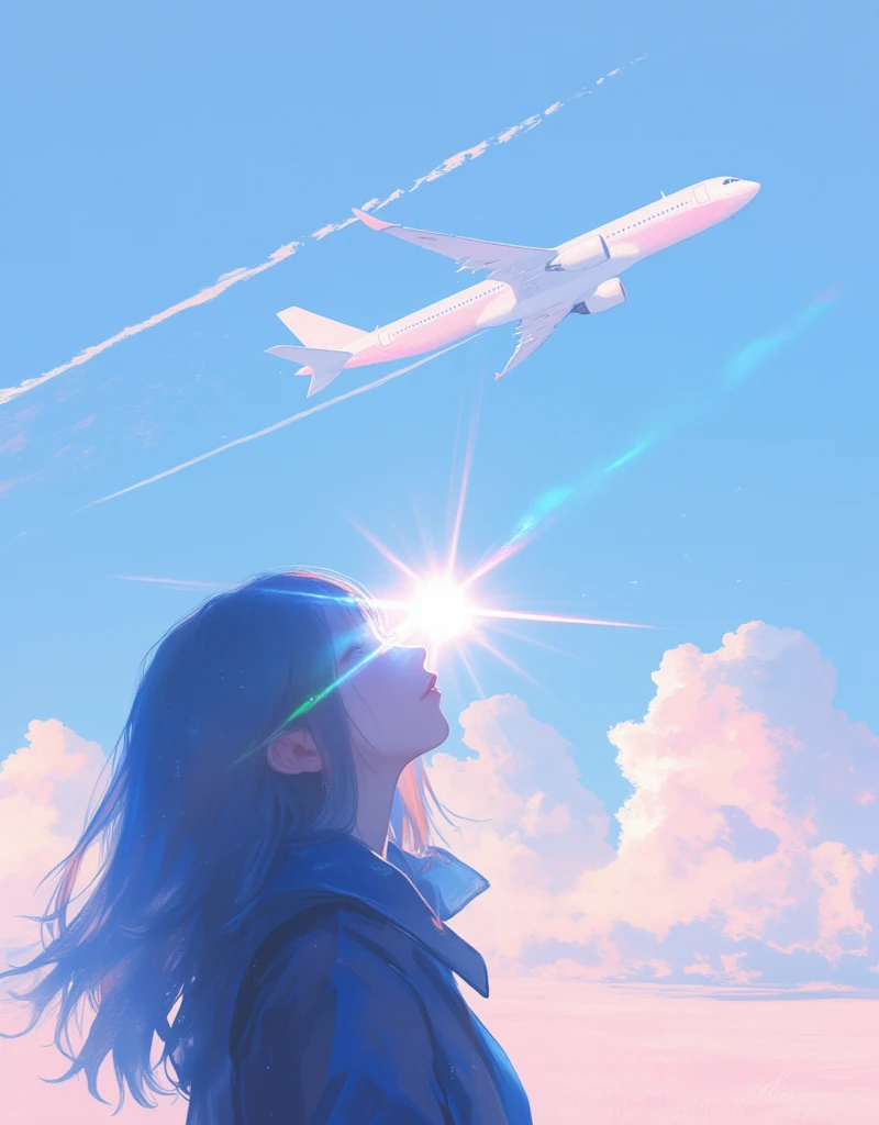 Illustration of an airplane flying in the distant sky, silhouette of the plane, contrails coming out slightly from the back of the plane. Dreamy, Japanese summer setting, sunlight overlapping with an airplane, lens flare, blurry field, soft focus, girl looking up to the sky, gentle breeze blowing through. ultra wide angle, Stylish complex hand-drawn illustrations, hatching, old analog photo quality, faded film texture, "Endless Summer", xijie_blue, surreal