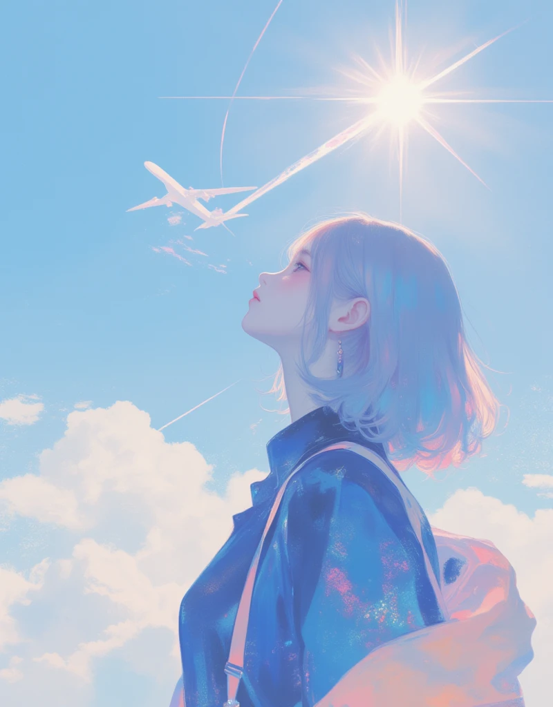 Illustration of an airplane flying in the distant sky, silhouette of the plane, contrails coming out slightly from the back of the plane. Dreamy, Japanese summer setting, sunlight overlapping with an airplane, lens flare, blurry field, soft focus, girl looking up to the sky, gentle breeze blowing through. ultra wide angle, Stylish complex hand-drawn illustrations, hatching, old analog photo quality, faded film texture, "Endless Summer", xijie_blue, surreal