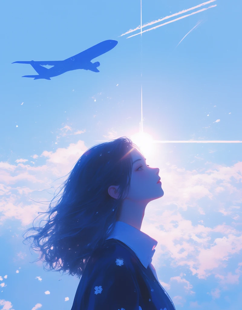 Illustration of an airplane flying in the distant sky, silhouette of the plane, contrails coming out slightly from the back of the plane. Dreamy, Japanese summer setting, sunlight overlapping with an airplane, lens flare, blurry field, soft focus, girl looking up to the sky, gentle breeze blowing through. ultra wide angle, Stylish complex hand-drawn illustrations, hatching, old analog photo quality, faded film texture, "Endless Summer", xijie_blue, surreal