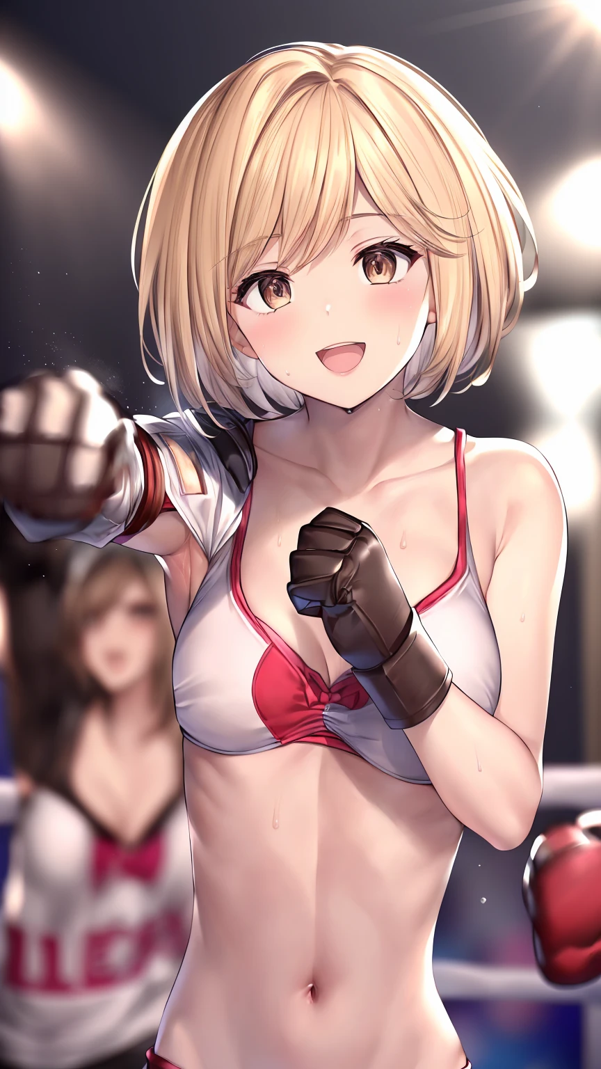 djeeta_(granblue_fantasy), 1girl, solo, Detailed eyes, (wearing mma costume:2, bare thigh, mma gloves, no sleeves:1.3, bare forearm:1.3, visible navel), bare foot, (slim long legs:1.3), Perfect body, (on boxing ring :1.5), (happy smile:1.5, open mouth), Toned body, Ultra HD, Detailed eyes, Detailed face, (upper body shot:2), looking at viewer, (leaning forward:1.5), sweaty, stage lighting,