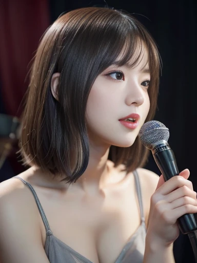 (masterpiece:1.3), high resolution, ultra detailed, extremely detailed CG unity 8k wallpaper, realistic, photo-realistic, RAW photo, beautiful detailed face, pale skin, realistic glistening skin, detailed cloth texture, detailed hair texture, Perfect body, Beautiful Face, accurate, Anatomically correct, Highly detailed face and skin texture, natural neck length, (beautiful hands), (fair skin:1.1), (well-aligned teeth:1.1), (Sweaty skin:1.2),
BREAK,
Detailed eyes, symmetric eyes, Light Brown eyes, Double eyelids, Thin eyebrows, (Glossy lips:1.4), ((A face with waiting for a kiss:1.2)), (blush:1.1), (A sparkling small hair accessory:1.1), (beautiful smile:1.1), (having microphone:1.3),
BREAK,
(A classy and Cute idol:1.3), (nude, nsfw, nipple:1.4),
BREAK,
large breasts, slender figure, firm abs,
((bob cut, black hair, bangs:1.2)), (cowboy shot:1.2), (looking at viewer), cowboy shot, From above,
BREAK,
(singing on stage:1.3),