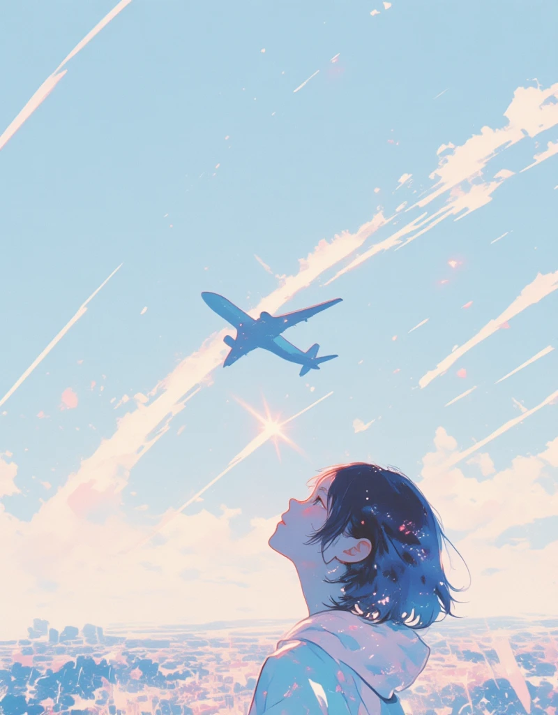 Illustration of an airplane flying in the distant sky, silhouette of the plane, contrails coming out slightly from the back of the plane. Dreamy, Japanese summer setting, sunlight overlapping with an airplane, lens flare, blurry field, soft focus, girl looking up to the sky, gentle breeze blowing through. ultra wide angle, Stylish complex hand-drawn illustrations, hatching, old analog photo quality, faded film texture, "Endless Summer", xijie_blue, surreal