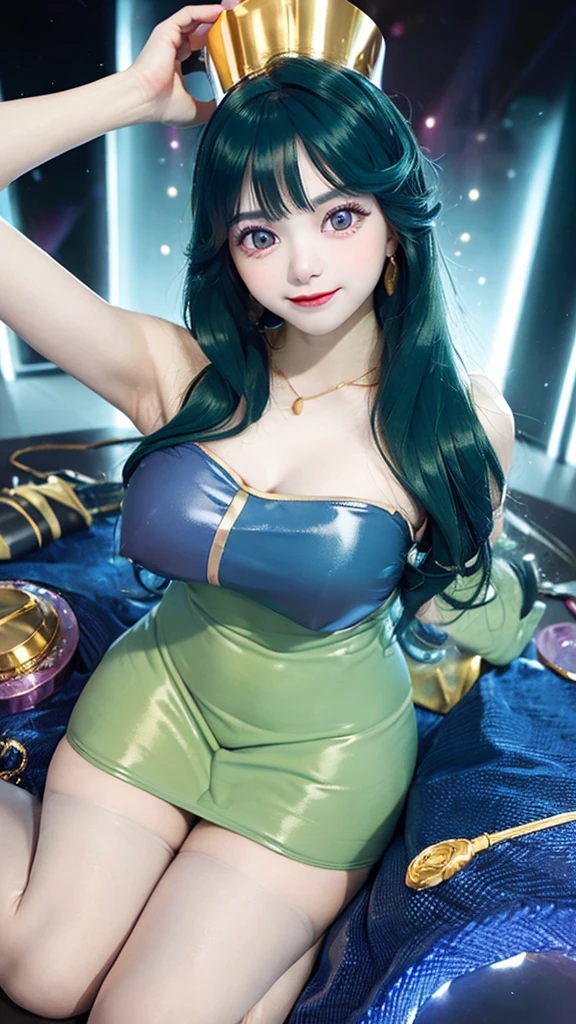 (masterpiece, top quality ,Ultra delicate,  perfect face,detailed eyes,16k,   super high res ,   A Very Beautiful Girl Emerging From The Ground,raw photo,very cute, realistic photo,1 girl), Heavy makeup:1.3,  deep green hair  , blue latex strapless bodycon dress,   Long Blue Latex Gloves  , light green tights,  Big Breasts ,He wears a tall cylindrical gold headpiece over his head ,   blue-white skin, Red gem on forehead:2.0, ((Cosmetics counter  )),   necklace,  smile ,  cowboy shot,slender,having cosmetic items