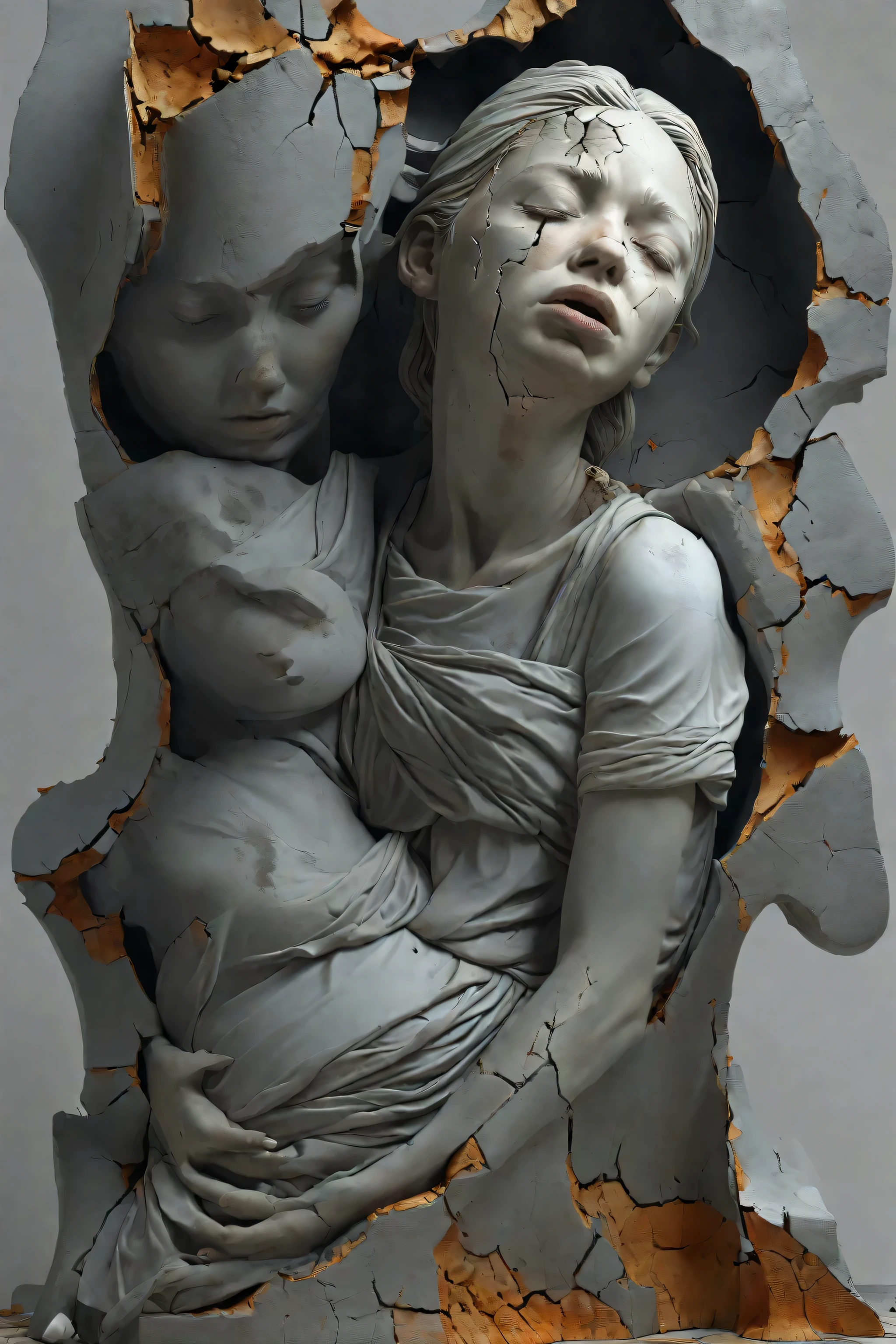 A woman suffering in the midst of suffering、Corrupted、 Crack、rust、Cracked 、 3d rendering , super detailed , Photorealistic , Artistic Statues ,3D engraving,Ceramics, Crack on the surface Crack,Shattered Texture