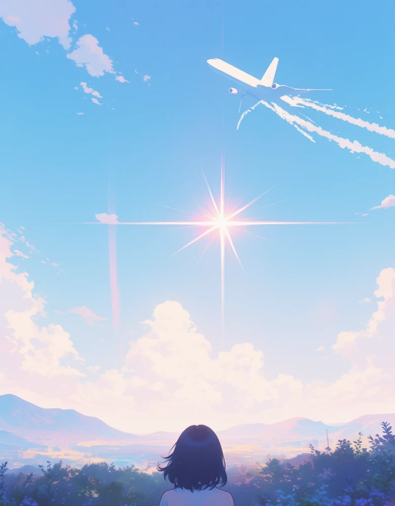 Illustration of an airplane flying in the distant sky, silhouette of the plane, contrails coming out slightly from the back of the plane. Dreamy, Japanese summer setting, sunlight overlapping with an airplane, lens flare, blurry field, soft focus, girl looking up to the sky, gentle breeze blowing through. ultra wide angle, Stylish complex hand-drawn illustrations, hatching, old analog photo quality, faded film texture, "Endless Summer", xijie_blue, surreal