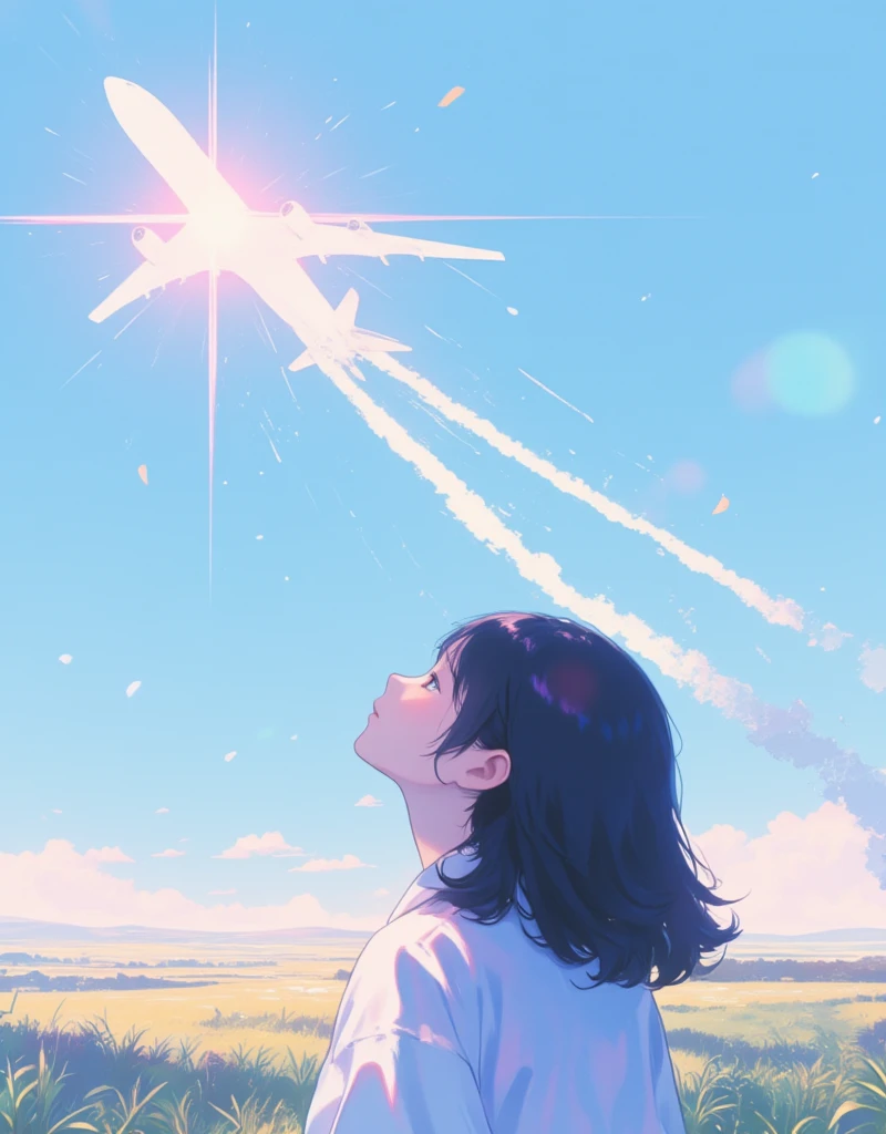 Illustration of an airplane flying in the distant sky, silhouette of the plane, contrails coming out slightly from the back of the plane. Dreamy, Japanese summer setting, sunlight overlapping with an airplane, lens flare, blurry field, soft focus, girl looking up to the sky, gentle breeze blowing through. ultra wide angle, Stylish complex hand-drawn illustrations, hatching, old analog photo quality, faded film texture, "Endless Summer", xijie_blue, surreal