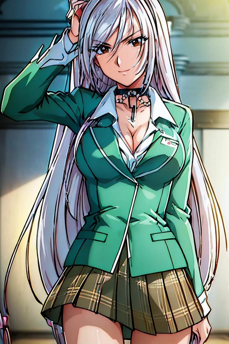 Simple white background,
School uniform, Green jacket,White collared shirt, Black Choker,
Chained,Jewelry,
White hair,Long hair,Red Eyes,Bangs,
1 girl, 20yr old,infp young woman,Beautiful Finger,Beautiful long legs,Beautiful body,
Beautiful nose,Beautiful character design, Perfect eyes, Perfect face,Expressive eyes,Perfect balance,
Looking at Viewer,(focus on her whole body),Closed mouth, (Innocent_Big_Eyes:1.0),(light_Smile:0.3),
Official art,Highly detailed CG Unity 8K wallpaper, Perfect Lighting,Colorful, Bright_front_Face_Lighting,White skin,
(masutepiece:1.0),(best_quality:1.0), 超A high resolution,4K,Ultra-detailed,
Photography, 8K, nffsw, hight resolution, absurderes:1.2, Kodak Portra 400, Film grain, Blurry background, Bokeh:1.2, Lens Flare, (Vibrant_Color:1.2),professional photograpy,
(Beautiful,breasts:1.0), (Beautiful_Face:1.5),(narrow_waist),