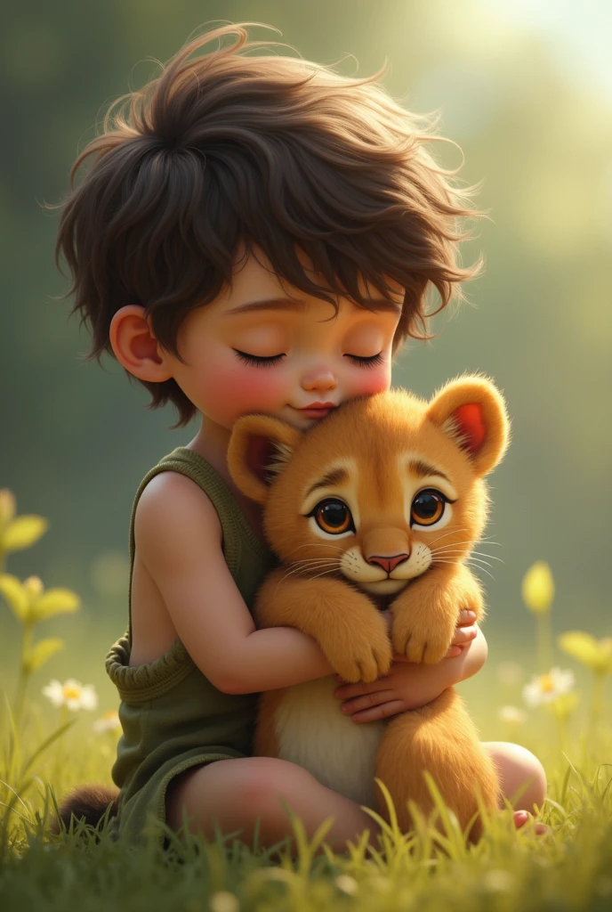A lion bay was crying and the child picked it up