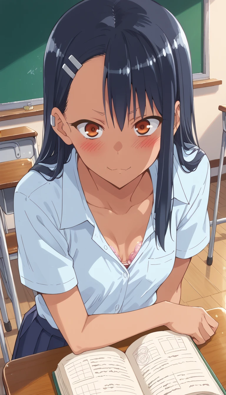 (masterpiece,  top quality ,  very sophisticated), anatomically correct, One girl , high school girl,Nagatoro Rapids, 
かわいい high school girl,  small breasts, ( high-resolution details of the texture of human skin) , lean over , Study at a small desk,  view from above, shirt ,  bra on the shirt, slender ,in classroom,