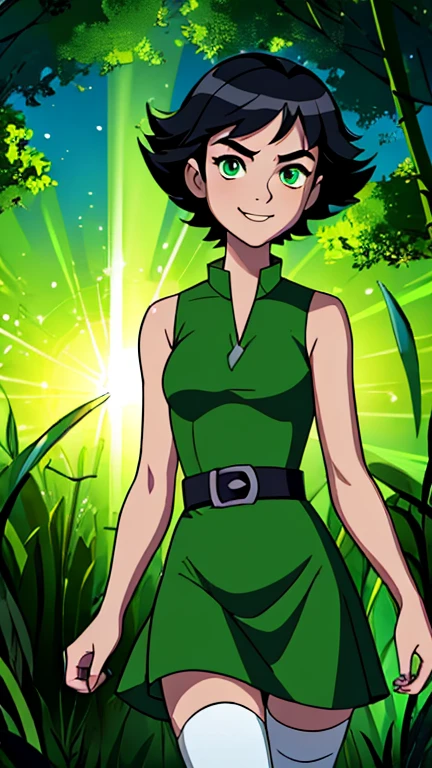 (1girl, Buttercup), (extremely detailed CG unit 8k wallpaper),(master part), (best quality), (ultra detail), (best illustration),(ben10af), cowboy shot, standing, facing viewer, looking at viewer, perfect face, perfect eyes, perfect fingers, (Sharp eyeliner, ombre, detailed eyes:1), (FanFo), perfect anatomy, professional light, cinematic lighting, ambient lighting, face lighting,  a small lake in a forest, sunlight, godrays, reeds, outdoor background, break , upper body, solo, smile, (black hair, green eyes, short hair, messy hair), (dress, green sleeveless dress, simple black belt, white thighhighs)
