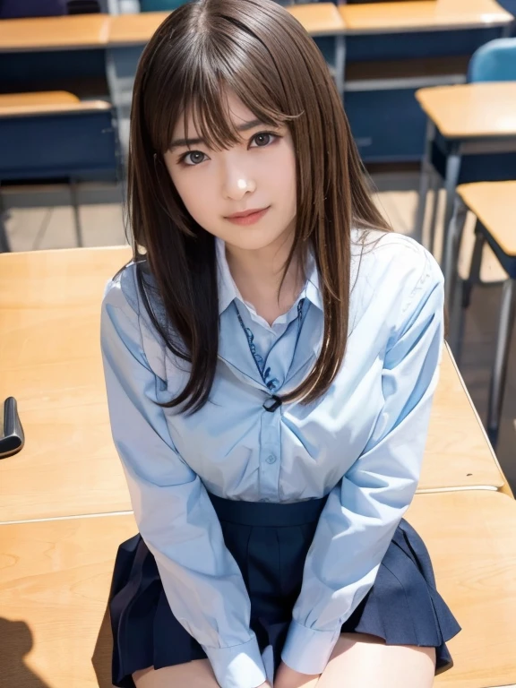 (8k, RAW photo, best quality, masterpiece:1.2), (realistic, photo-realistic:1.4), (extremely detailed 8k wallpaper), pretty Japanese woman, (school uniform studium jumper),in class room, sitting chair, spread legs, blond hair, hands in pocket
