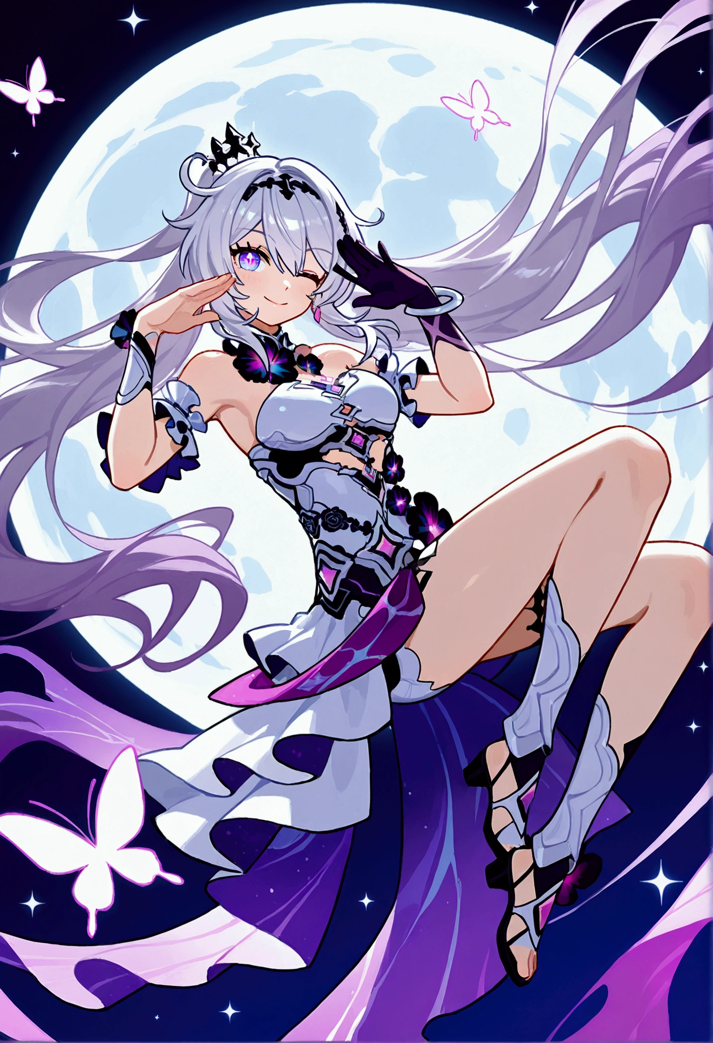 Kiana kaslana herrscher of finality, cute pose, smile, wink, moon background, purple butterfly, Full Body