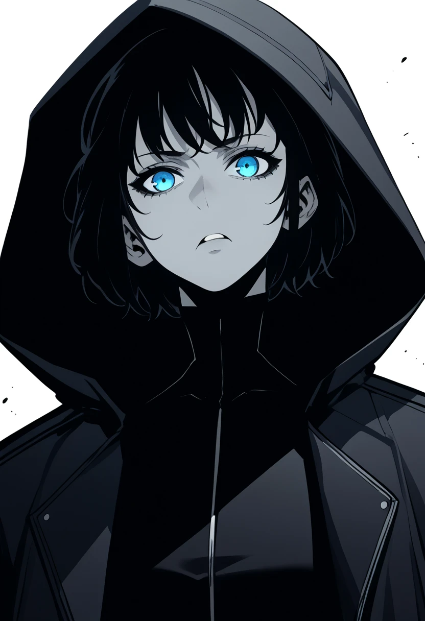 Young woman with black slick hair under a hood, blue eyes, tight black and white jacket, black pant, intricate pencil sketch, expressive eyes and nose and mouth, un-zoom, highly detailed, dynamic pose, white background