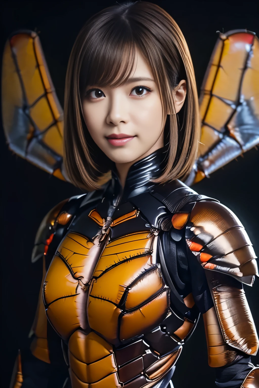 (high resolution,masterpiece,best quality,extremely detailed CG, anime, official art:1.4), realistic, photo, amazing fine details, all intricate, gloss and shiny,awesome many layers, 8k wall paper, 3d, sketch, kawaii, illustration,( solo:1.4), perfect female proportion,villainess, (fusion of dark brown cockroach and lady:1.4), (brown cockroach form lady:1.2), (brown cockroach lady:1.2), (fusion:1.2), (solo:1.4), (evil smile:1.2), muscular, abs, (cockroach brown exoskeleton bio insect suit:1.4), (cockroach brown exoskeleton bio insect armor:1.2), (brown transparency cockroach wing:1.4), (brown cockroach antennae:1.3),