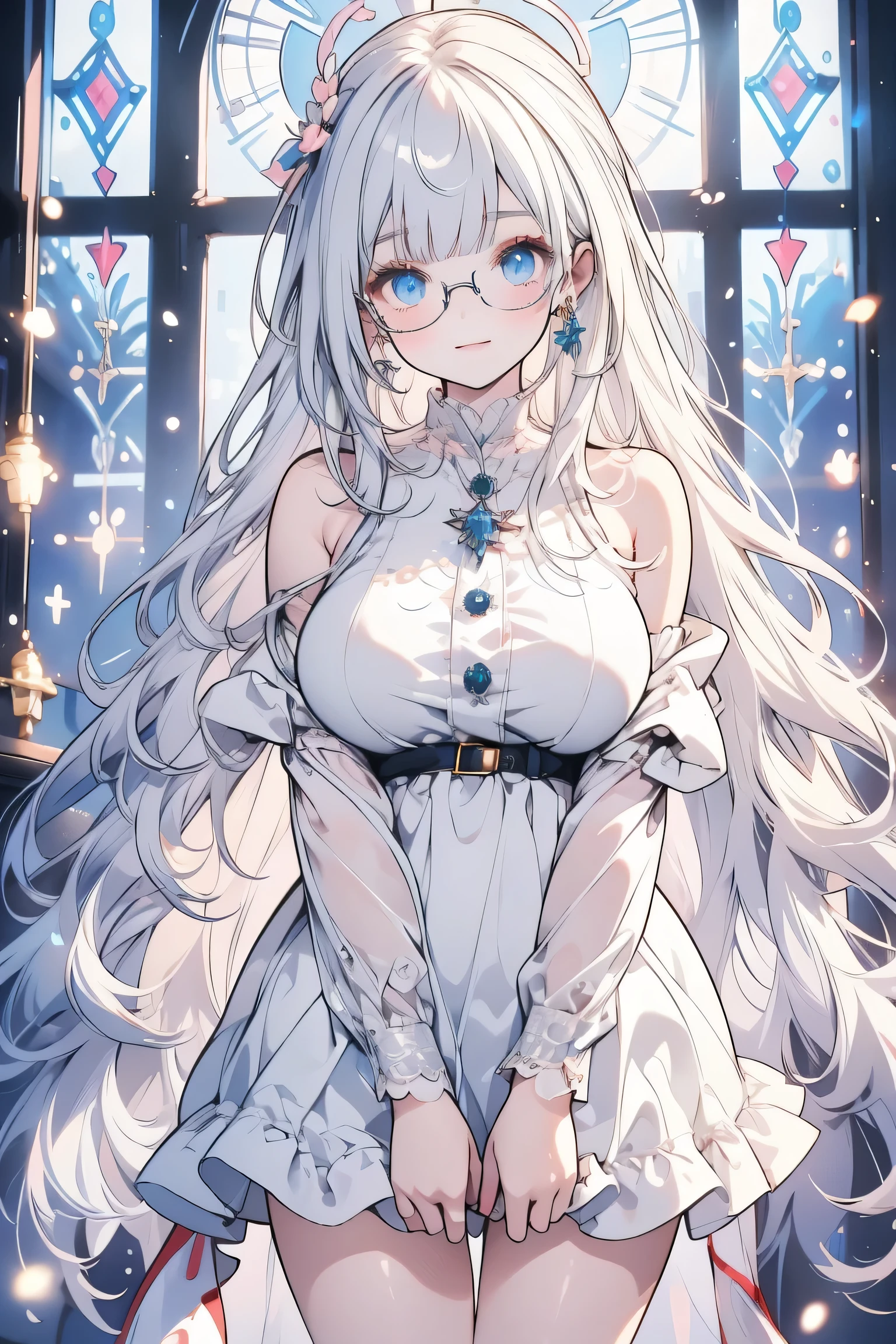 ((moe anime character)), ((nsfw)), ((exposed breasts)), ((ultra-detailed)), (highly detailed CG illustration), (best quality:1.2), ultra-,highly detailed, colorful composition, artistic photoshoot, 1girl, solo focus, ((thigh to top:1.4)), ((cowboy shot:1.4)), girl, dainty facial structure, baby faed chin, ((ideal ratio body proportions:1.2)), (wearing oval glasses with a lightweight metal frame), in spirit chronicles celia claire style, (silver hair color:1.3), twintail hair, ((blue droopy eyes:1.4)), (sparkle eyes, expecting:1.2), pink cheek, blush, pink lips, ((curvy upper arm:1.4)), open clothes, (off-shoulder, white fake fur trim, red santa claus costume:1.2), pure white lace panties, standing by the stained glass window in a christmas church, portrait, depth of field, soft lighting, sidelighting, (shine), lighting, caustics, ray tracing, smile, perfect face, lustrous skin, highly detailed face, highly detailed eyes, perfect face, perfect nose, perfect hair, perfect eyes, perfect anatomy, beautiful hair, beautiful small face, extremely detailed face, beautiful detailed eyes, beautiful clavicle, beautiful body, beautiful huge breasts, leavage, breasts squeezed together, equalize the size of the left and right breasts, small pale pink nipples, beautiful thighs, beautiful legs, beautiful fingers, lovely, (very detailed background:1.0), (highly detailed background:1.0), ((winter aesthetic)), intricate details, joyful atmosphere, Winter colors palette, chromatic aberration