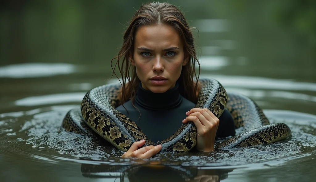 22 year old girl,fit body,armlet,armor,navel,pelvic_curtain,realistic,solo,one piece high bikini,black bra,transparent tulle, battle armor,dark forest,sexual suggestiveness,heavy armor,background with black snakes,many snakes,laying on black mud