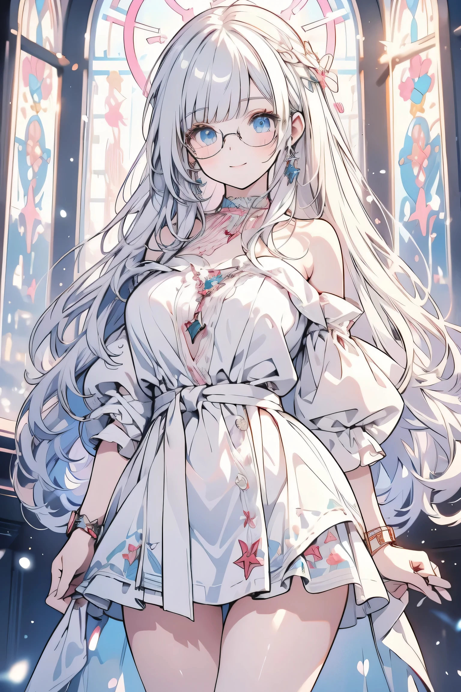 ((moe anime character)), ((nsfw)), ((exposed breasts)), ((ultra-detailed)), (highly detailed CG illustration), (best quality:1.2), ultra-,highly detailed, colorful composition, artistic photoshoot, 1girl, solo focus, ((thigh to top:1.4)), ((cowboy shot:1.4)), girl, dainty facial structure, baby faed chin, ((ideal ratio body proportions:1.2)), (wearing oval glasses with a lightweight metal frame), in spirit chronicles celia claire style, (silver hair color:1.3), twintail hair, ((blue droopy eyes:1.4)), (sparkle eyes, expecting:1.2), pink cheek, blush, pink lips, ((curvy upper arm:1.4)), open clothes, (off-shoulder, white fake fur trim, red santa claus costume:1.2), pure white lace panties, standing by the stained glass window in a christmas church, portrait, depth of field, soft lighting, sidelighting, (shine), lighting, caustics, ray tracing, smile, perfect face, lustrous skin, highly detailed face, highly detailed eyes, perfect face, perfect nose, perfect hair, perfect eyes, perfect anatomy, beautiful hair, beautiful small face, extremely detailed face, beautiful detailed eyes, beautiful clavicle, beautiful body, beautiful huge breasts, leavage, breasts squeezed together, equalize the size of the left and right breasts, small pale pink nipples, beautiful thighs, beautiful legs, beautiful fingers, lovely, (very detailed background:1.0), (highly detailed background:1.0), ((winter aesthetic)), intricate details, joyful atmosphere, Winter colors palette, chromatic aberration