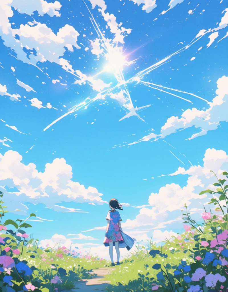 Illustration of an airplane flying in the distant sky, silhouette of the plane, contrails coming out slightly from the back of the plane. Dreamy, Japanese summer setting, sunlight overlapping with an airplane, lens flare, blurry field, soft focus, girl looking up to the sky, gentle breeze blowing through. ultra wide angle, Stylish complex hand-drawn illustrations, hatching, "Endless Summer", Ukiyo-e style by Hokusai, surreal