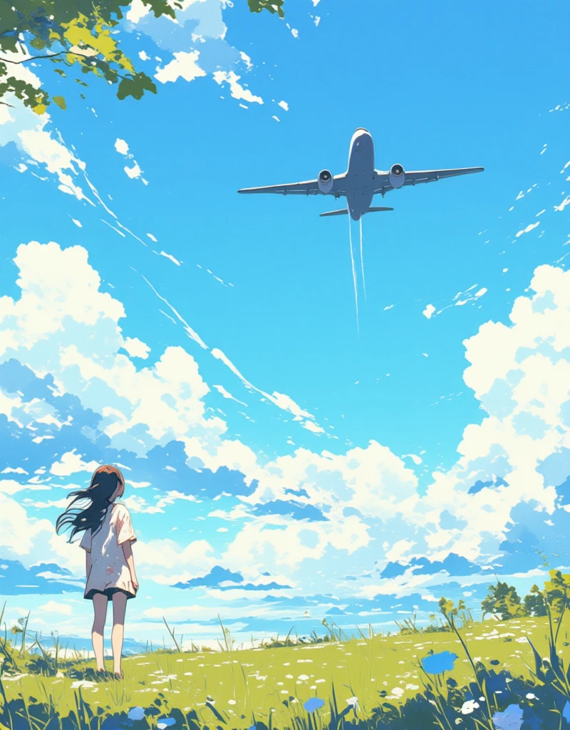 Illustration of an airplane flying in the distant sky, silhouette of the plane, contrails coming out slightly from the back of the plane. Dreamy, Japanese summer setting, sunlight overlapping with an airplane, lens flare, blurry field, soft focus, girl looking up to the sky, gentle breeze blowing through. ultra wide angle, Stylish complex hand-drawn illustrations, hatching, "Endless Summer", Ukiyo-e style by Hokusai, surreal