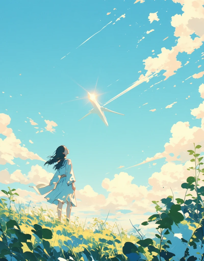 Illustration of an airplane flying in the distant sky, silhouette of the plane, contrails coming out slightly from the back of the plane. Dreamy, Japanese summer setting, sunlight overlapping with an airplane, lens flare, blurry field, soft focus, girl looking up to the sky, gentle breeze blowing through. ultra wide angle, Stylish complex hand-drawn illustrations, hatching, "Endless Summer", Ukiyo-e style by Hokusai, surreal