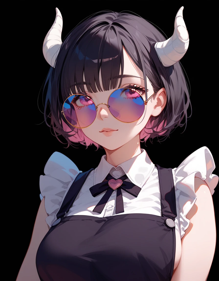 girl,Short hair, black hair, medium breasts , put on an apron, dark edges, in purple-pink eyes, put on black round sunglasses,Have horns,Suit, black background,beautiful,cute, medium breasts ,girlcool