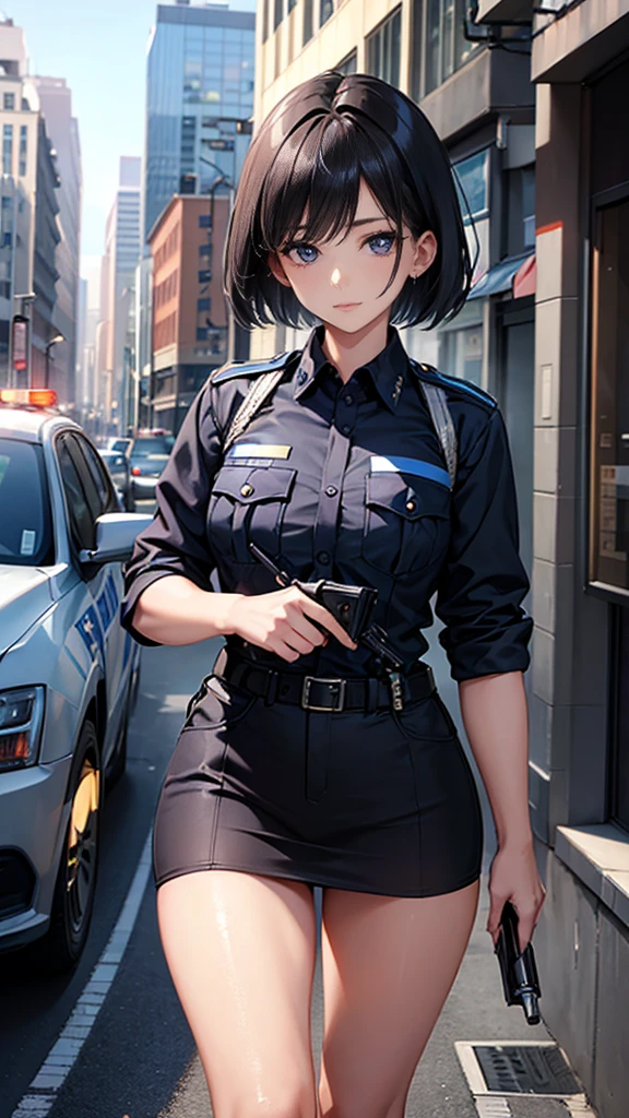 best qualtiy,tmasterpiece,1girll, 独奏,Normal attire,short detailed hair,mediuml breasts,Black color hair, bluntbangs,Golden pupils, ssmile, standing on your feet, Standing posture, 8K, tmasterpiece, best qualtiy, absurderes, Perfect ???????, cinmatic lighting, cowboy lens, (police uniforms, trouser:1.1), (police cars, Cart, police officers:1.1)