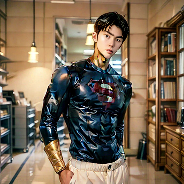 cool latex superhero boy,   teenager ,   tall  ,  beautiful skin, I'm a superhero 、I have a beautiful body ,  hero costume, An attractive, sober young man  ,  Slim and Muscular  ,  and my skin is tanned