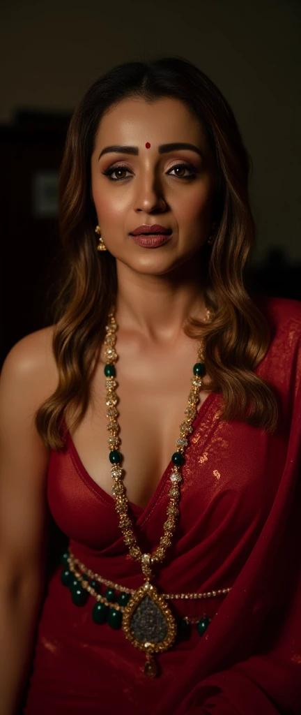 in a dimly light setting A naughty and curvaceous light fair skin tone woman in traditional attire revealing her breasts with sweat, ((her pallu is dropped revealing her navel and cleavage)), wearing a deep red messed up elegant saree, bikini blouse piece, bare breast and intricate jewelry glass green bangles and a red small bindi between her eyebrow's lady wearing a thin and long necklace is made of gold and has a long chain with black and gold beads. The beads are arranged in a repeating pattern, with the largest bead at the bottom and the smallest at the top. In the center of the necklace, there is a pendant with a design in the shape of a queen of spade symbol, The pendant is attached to the chain with a gold clasp. The overall style of the jewelry is traditional, her expression is her mouth open in an exaggerated expression of shock, lady is crying tearful eyes with messed up eye mascara. lady laying on her stomach in bed and top of the lady a black african man wearing a thick silver chain is mounting on from right behind her, the black african man has an angry expression looking at the lady, cinematic, cinematic lighting , from side UHD, retina, masterpiece, accurate, anatomically correct, textured skin, super detail, high details, high quality, award winning, best quality, highres, 1080P, HD