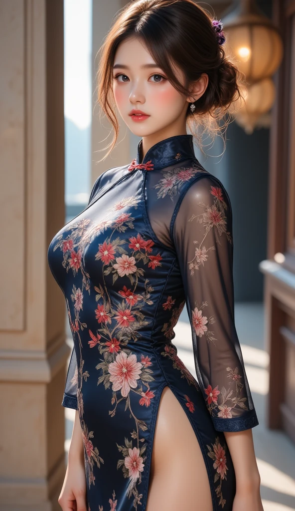 RAW photo, (Random shot, full body in frame, Side view focus, Dutch Angle), ((Asian adult female, one-person,) (traditional Chinese dress, one-piece, dark navy, long length, elegant, embroidered, decoration, fascinating,) random posing, stylish, cool, cute, sexy),