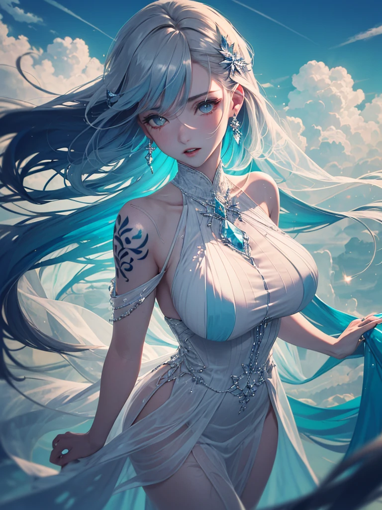 There is a woman with blue hair, frozen queen, Gweitz style art, Gweitz, Beautiful character drawings, Gweitz in ArtStation Pixiv, Gweitz in Pixiv ArtStation, Stunning Anime Face Portraits, Beautiful digital art, Wallop Lost Draw, Gweitz Masterpiece, Detailed digital anime art, Big firm Breasts, hard nipples, Sexy, Sharp blue cristal Eyes, Break, dynamic sexy poses, sweat, Add Light Red, Intricate details, Splash screen, huge frozen castle
