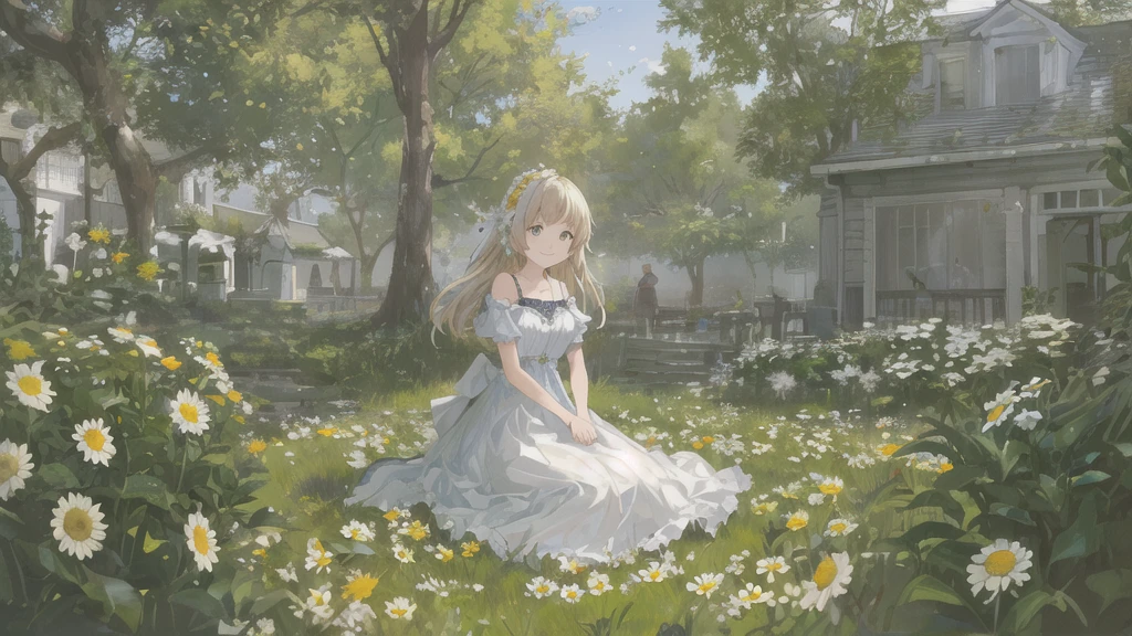 Masterpiece-grade CG, best image quality and detail, photo-level realism (1.4). (1girl), wearing a white dress, slightly exposed shoulders, delicate and shiny skin, smiling, in the garden, surrounded by yellow daisies, slightly raised head to look up at the bright sky, the picture adopts artistic thick painting style, softer luminosity, 4K HD wallpaper, better volumetric cloud effect.