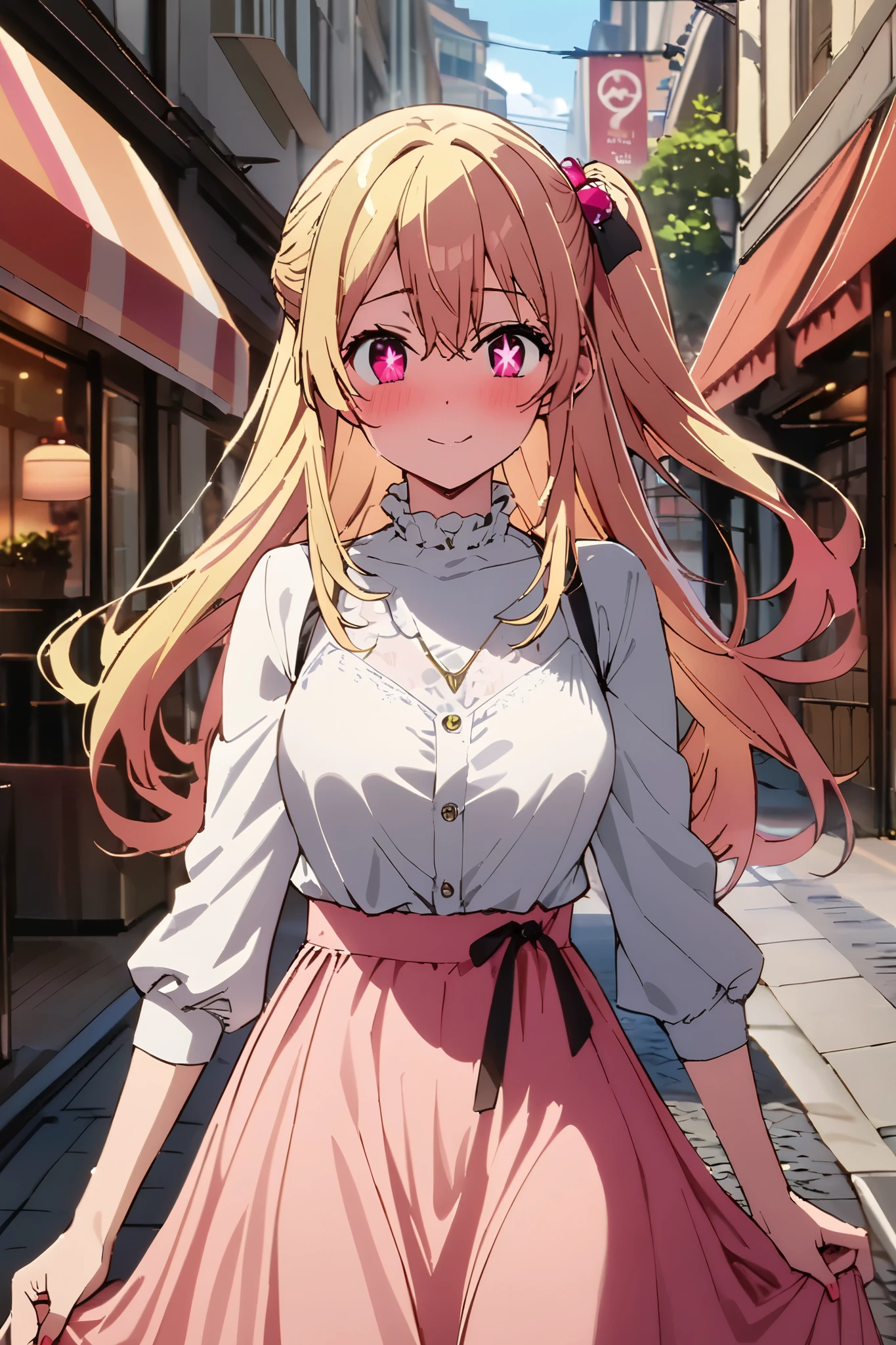 NSFW,masterpiece, top quality , high res, very detailed,Hoshino Ruby\(My Favorite \),Star-shaped pupils, long hair, side ponytail,Blonde, casual clothes,Date,bustling street