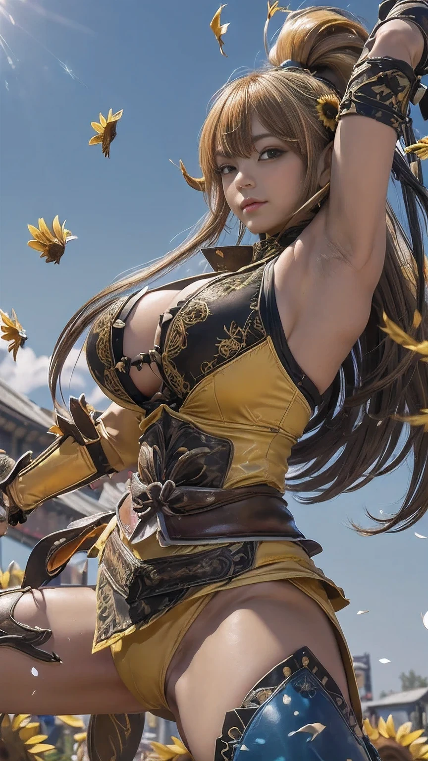  A young Japanese woman , warrior, ((Combat Stance:1.6)), ((wielding a huge_weapon axe:1.3)),  very detailedな, realisti,((happy smile)),((from front, full body, look at viewer)) Brilliant Appearance , Creative Action,  extremely detailed, Imaginative,voluptuous,  Sensual, spontaneous ,  top quality ,  skin texture, ((hime cut :1.6)),((Honey blonde hair:1.6)), (citrine eyes), (mole under eye), toned body, huge breasts,(big breasts:1.6), Big Breasts,  plump thighs,  yellow armor with a sunflower flower pattern engraved , leather samurai armor knight, bikini type design that emphasizes chest exposure,((sideboob)), Wear a yellow cloak with a sunflower pattern , ruffled skirt,  yellow shin guard with a sunflower flower pattern engraved , White high-leg underwear , White tights,  absolute domain,  Intricate Details , (( blue sky:1.6)),Dazzling Light,((sunflower petals background:1.4)), ((sunflower petals:1.4)), ((sunflower petals dancing in the wind:1.4)),( sunflowers in full bloom ),(前面に sunflowers in full bloom ), (confetti),  RAW photos ,cinematic lighting, spotlight, soft shadows, 8k, masterpiece,  top quality , ultra detail on a Japanese futon, very detailed,  Intricate Details , high res,超 Intricate Details, very detailed 8k cg wallpaper,