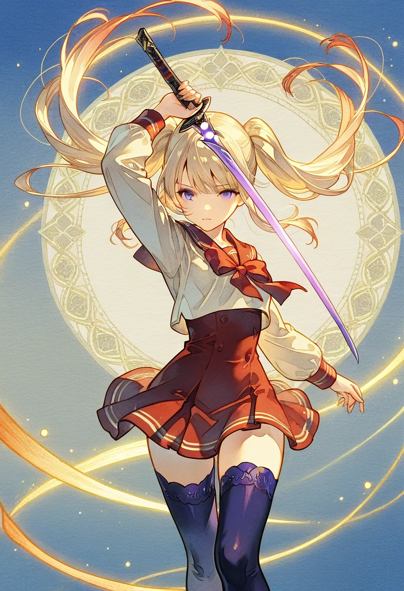 1raiden, Final Fantasy Tactics style, Watercolor shading, hand-painted texture, dynamic pose, blonde twin tails with flowing ribbons, detailed and ornate black and red school uniform, thigh-high stockings with golden patterns, massive purple ornate katana with glowing highlights, intricate and fantasy-inspired weapon design, muted and soft color palette, medieval fantasy aesthetic, fine line art with delicate shading, parchment-style background, detailed rendering with visible brush strokes, fantasy illustration with a nostalgic and classic RPG vibe
