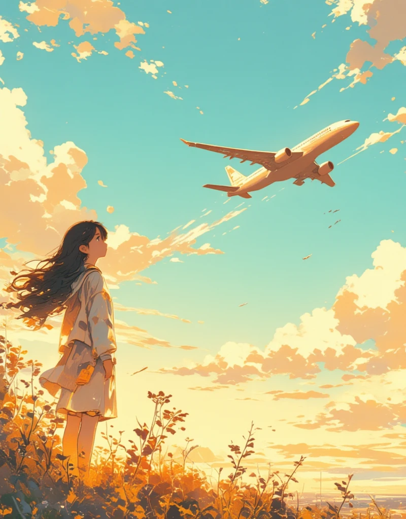 Illustration of an airplane flying in the distant sky, silhouette of the plane, contrails coming out slightly from the back of the plane. Dreamy, Japanese summer setting, sunlight overlapping with an airplane, lens flare, blurry field, soft focus, girl looking up to the sky, gentle breeze blowing through. ultra wide angle, Stylish complex hand-drawn illustrations, hatching, "Endless Summer", Ukiyo-e style by Hokusai, surreal